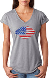 Ladies USA T-shirt Patriotic Lips Triblend V-Neck - Yoga Clothing for You