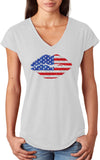 Ladies USA T-shirt Patriotic Lips Triblend V-Neck - Yoga Clothing for You