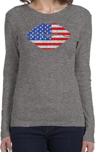 Ladies USA T-shirt Patriotic Lips Long Sleeve - Yoga Clothing for You