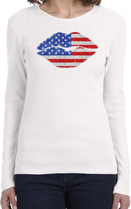 Ladies USA T-shirt Patriotic Lips Long Sleeve - Yoga Clothing for You