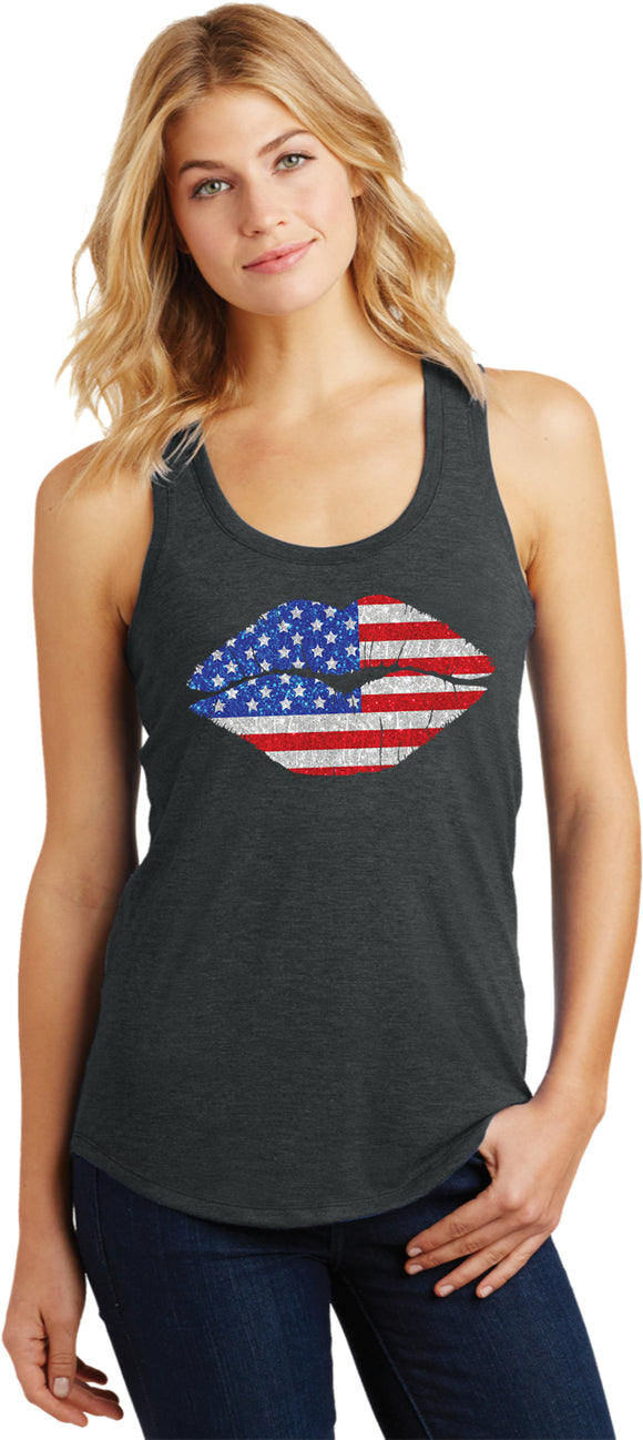 Ladies USA Tank Top Patriotic Lips Racerback Tanktop - Yoga Clothing for You