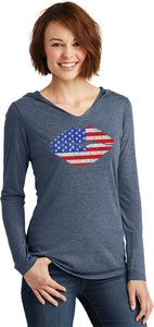 Ladies USA T-shirt Patriotic Lips Tri Blend Hoodie - Yoga Clothing for You