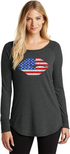 Ladies USA T-shirt Patriotic Lips Tri Blend Long Sleeve - Yoga Clothing for You
