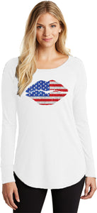 Ladies USA T-shirt Patriotic Lips Tri Blend Long Sleeve - Yoga Clothing for You