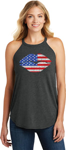 Ladies USA Tank Top Patriotic Lips Tri Rocker Tanktop - Yoga Clothing for You