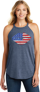 Ladies USA Tank Top Patriotic Lips Tri Rocker Tanktop - Yoga Clothing for You