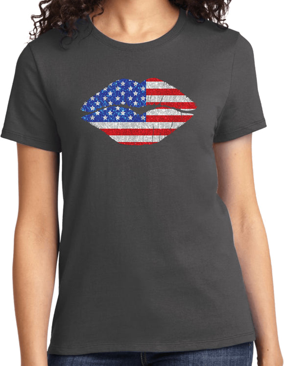 Ladies USA T-shirt Patriotic Lips Tee - Yoga Clothing for You