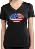Ladies USA T-shirt Patriotic Lips Moisture Wicking V-Neck - Yoga Clothing for You