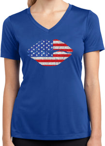 Ladies USA T-shirt Patriotic Lips Moisture Wicking V-Neck - Yoga Clothing for You