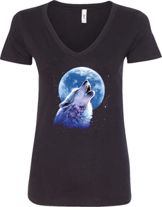 Ladies Wolf and Moon T-shirt Call of the Wild V-Neck - Yoga Clothing for You