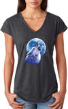 Ladies Wolf and Moon T-shirt Call of the Wild Triblend V-Neck - Yoga Clothing for You