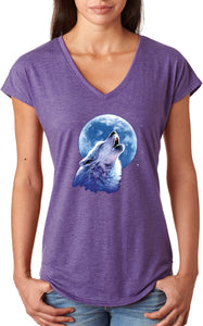 Ladies Wolf and Moon T-shirt Call of the Wild Triblend V-Neck - Yoga Clothing for You