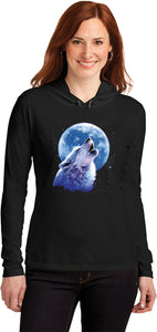 Ladies Wolf and Moon T-shirt Call of the Wild Hooded Shirt - Yoga Clothing for You