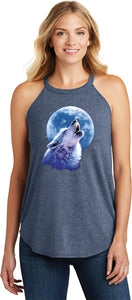 Ladies Wolf and Moon Tank Top Call of the Wild Tri Rocker Tank - Yoga Clothing for You