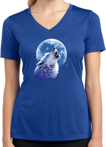 Ladies Wolf and Moon T-shirt Call of the Wild Dry Wicking V-Neck - Yoga Clothing for You