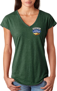 Ladies Ford Mustang Shirt Genuine Parts Pocket Print Triblend V-Neck - Yoga Clothing for You