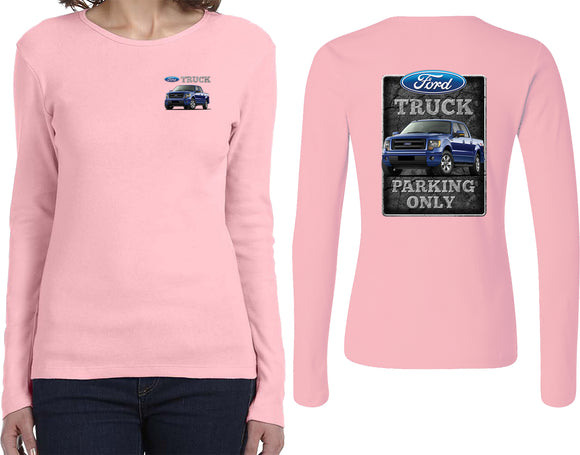 Ladies Ford Truck T-shirt Parking Sign Front and Back Long Sleeve - Yoga Clothing for You