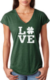 St Patricks Day Distressed Love Shamrock Ladies Tri Blend V-neck Shirt - Yoga Clothing for You