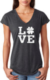 St Patricks Day Distressed Love Shamrock Ladies Tri Blend V-neck Shirt - Yoga Clothing for You