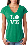St Patricks Day Distressed Love Shamrock Ladies Tri Blend V-neck Shirt - Yoga Clothing for You