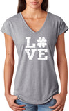St Patricks Day Distressed Love Shamrock Ladies Tri Blend V-neck Shirt - Yoga Clothing for You