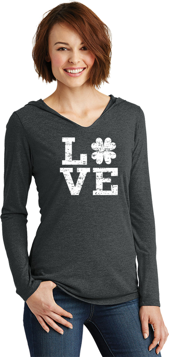 St Patricks Day Distressed Love Shamrock Ladies Lightweight Hoodie - Yoga Clothing for You