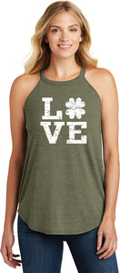 St Patricks Day Distressed Love Shamrock Ladies Tri Rocker Tank Top Shirt - Yoga Clothing for You