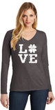 St Patricks Day Distressed Love Shamrock Ladies V-neck Long Sleeve Shirt - Yoga Clothing for You