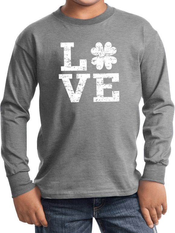 St Patricks Day Distressed Love Shamrock Kids Long Sleeve Shirt - Yoga Clothing for You