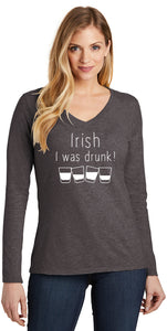 St Patricks Day Irish I Was Drunk Ladies Long Sleeve V-neck Shirt - Yoga Clothing for You