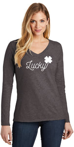 St Patricks Day Lucky Ladies Long Sleeve V-neck Shirt - Yoga Clothing for You
