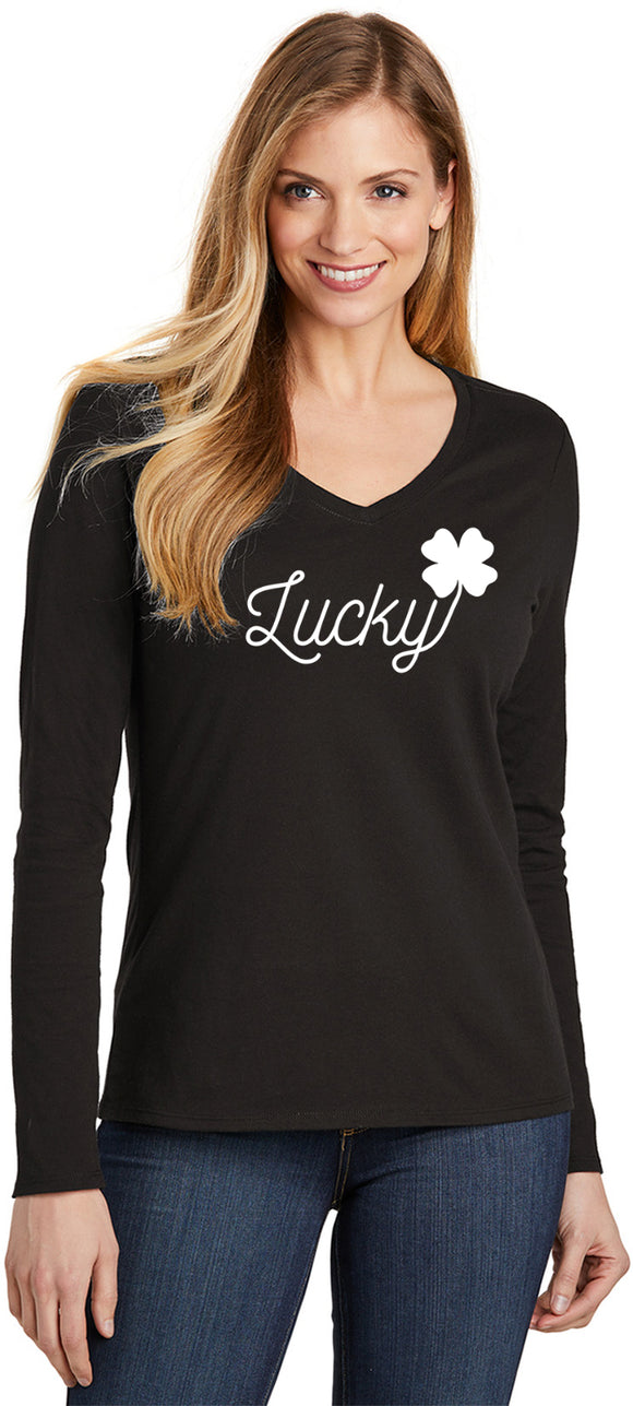 St Patricks Day Lucky Ladies Long Sleeve V-neck Shirt - Yoga Clothing for You