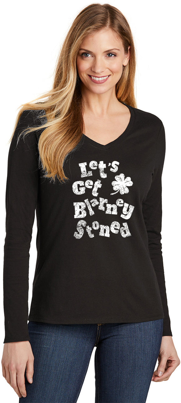 St Patricks Day Lets Get Blarney Stoned Ladies Long Sleeve V-neck Shirt - Yoga Clothing for You