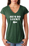 St Patricks Day Hes So Lucky Ladies Tri Blend V-neck Shirt - Yoga Clothing for You