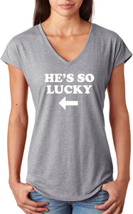 St Patricks Day Hes So Lucky Ladies Tri Blend V-neck Shirt - Yoga Clothing for You
