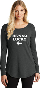 St Patricks Day Hes So Lucky Ladies Tri Long Sleeve Shirt - Yoga Clothing for You