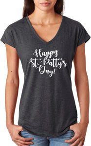 St Patricks Day Happy St Pattys Day Ladies Tri Blend V-neck Shirt - Yoga Clothing for You