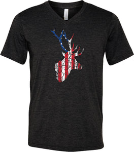 Distressed American Deer Flag Tri Blend V-neck Shirt - Yoga Clothing for You