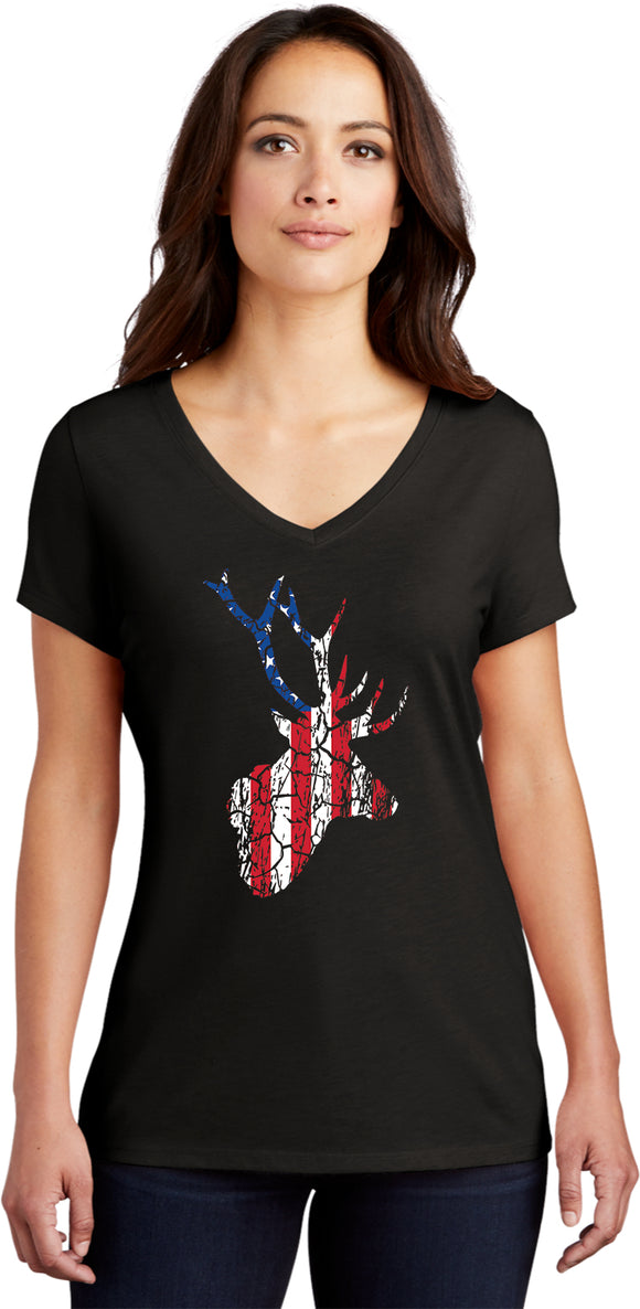 Distressed American Deer Flag Womens Tri Blend V-neck T-Shirt - Yoga Clothing for You