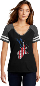 Distressed American Deer Flag Womens Game V-neck T-shirt - Yoga Clothing for You