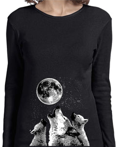 Ladies Wolves T-shirt Howling at the Moon Long Sleeve - Yoga Clothing for You