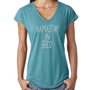 Womens Namast'ay in Bed V-neck Tee Shirt - Yoga Clothing for You - 1