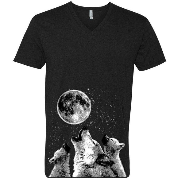 Yoga Clothing for You Mens 3 Wolf Moon Fitted V-neck Tee Shirt - Black - Yoga Clothing for You