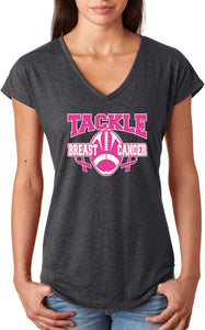 Ladies Breast Cancer T-shirt Tackle Cancer Triblend V-Neck - Yoga Clothing for You