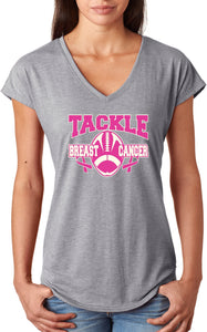 Ladies Breast Cancer T-shirt Tackle Cancer Triblend V-Neck - Yoga Clothing for You