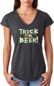Ladies Halloween T-shirt Trick or Beer Triblend V-Neck - Yoga Clothing for You