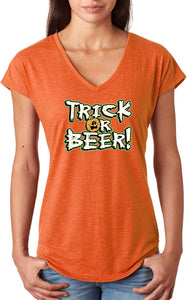 Ladies Halloween T-shirt Trick or Beer Triblend V-Neck - Yoga Clothing for You