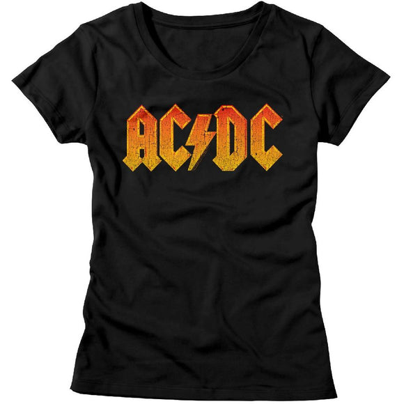 AC/DC Ladies T-Shirt Distressed Orange Logo Black Tee - Yoga Clothing for You