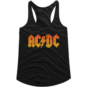 AC/DC Ladies Racerback Tanktop Distressed Orange Logo Black Tank - Yoga Clothing for You