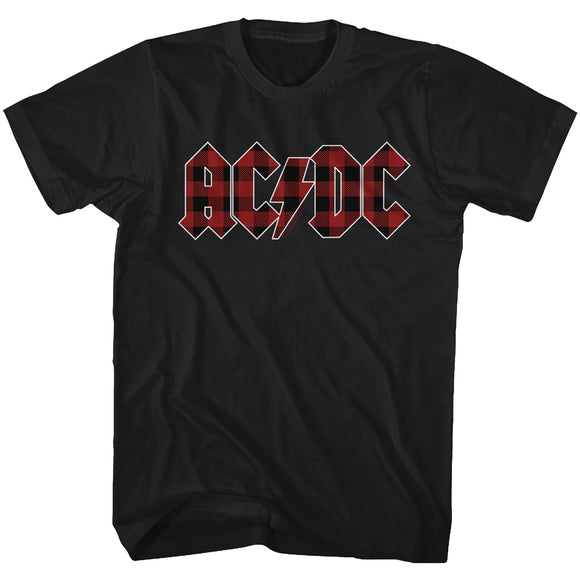 AC/DC Plaid Lightning Bolt Logo Black T-shirt - Yoga Clothing for You